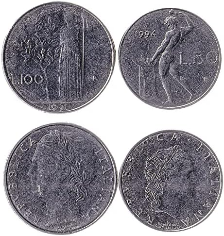 2 מטבעות מאיטליה | אוסף סט מטבעות איטלקי 50 100 Lire | הופץ 1990-1995 | זר אלון | זית | חנית ארוכה |